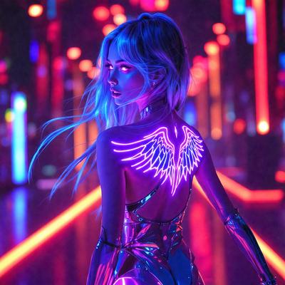 The primary subject of the image is a woman wearing a silver dress with a pink glow. She is standing in a room with a purple background, which adds to the overall atmosphere of the scene. The visual style of the image is a combination of photo and digital art, creating a unique and eye-catching appearance. The colors and mood of the image are predominantly purple and pink, giving it a vibrant and lively feel.